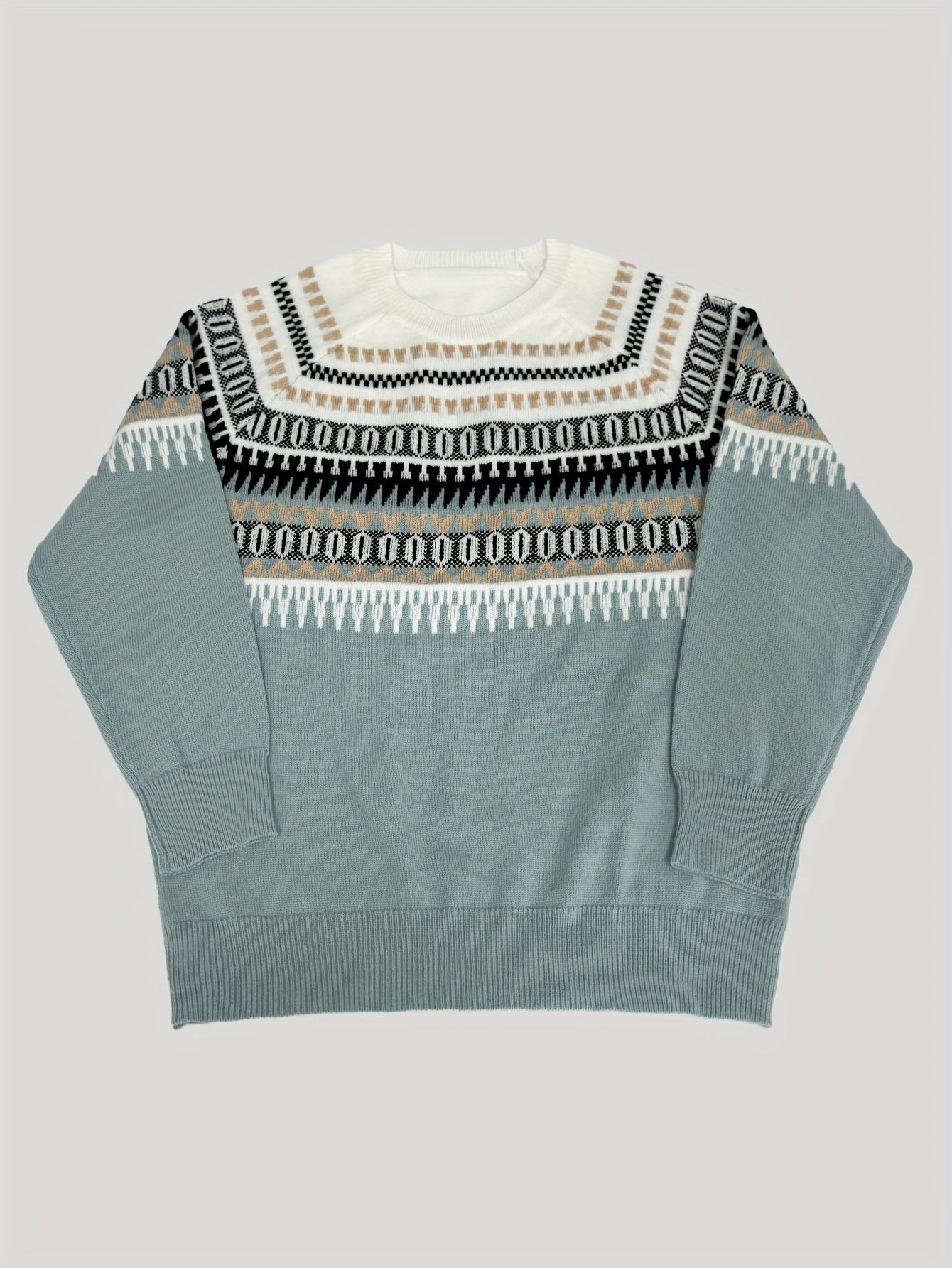 Women's Oversized Crew Neck Pullover Sweater Tribal Pattern Knit Fall Casual