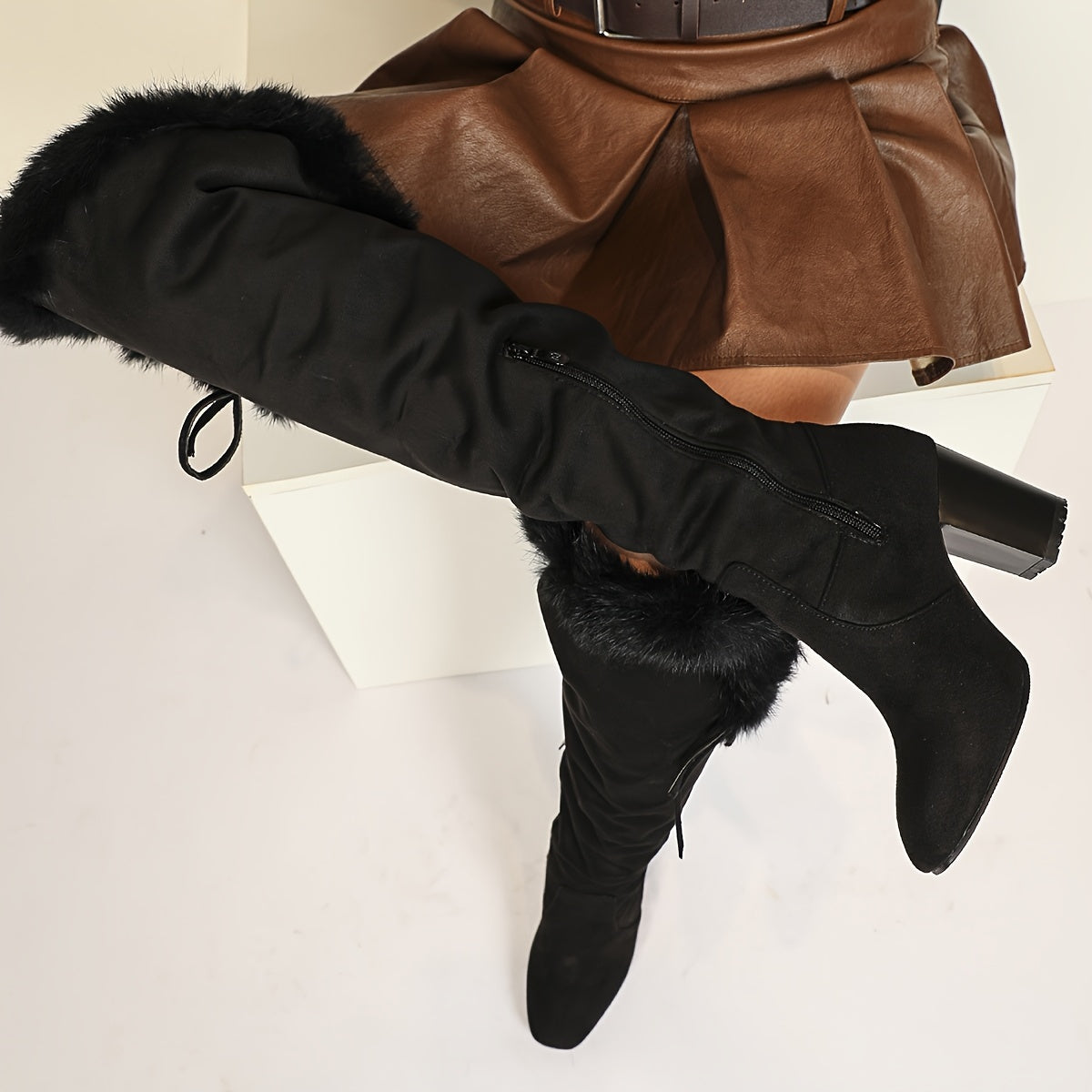 Women's Winter Knee-High Boots with Fleece Lining, Block Heel, Zipper