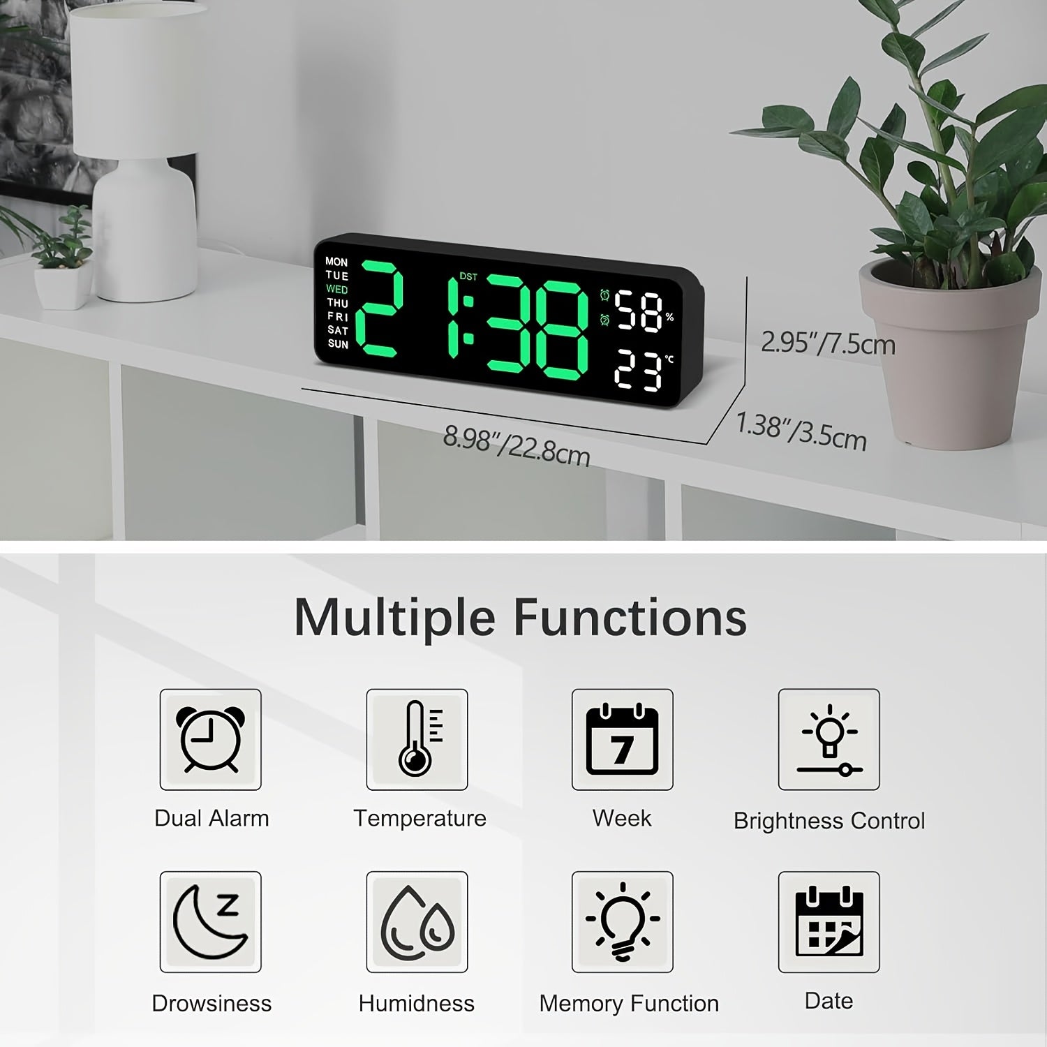 Large Digital Wall Clock with Dual Alarm Temperature Humidity Date Display