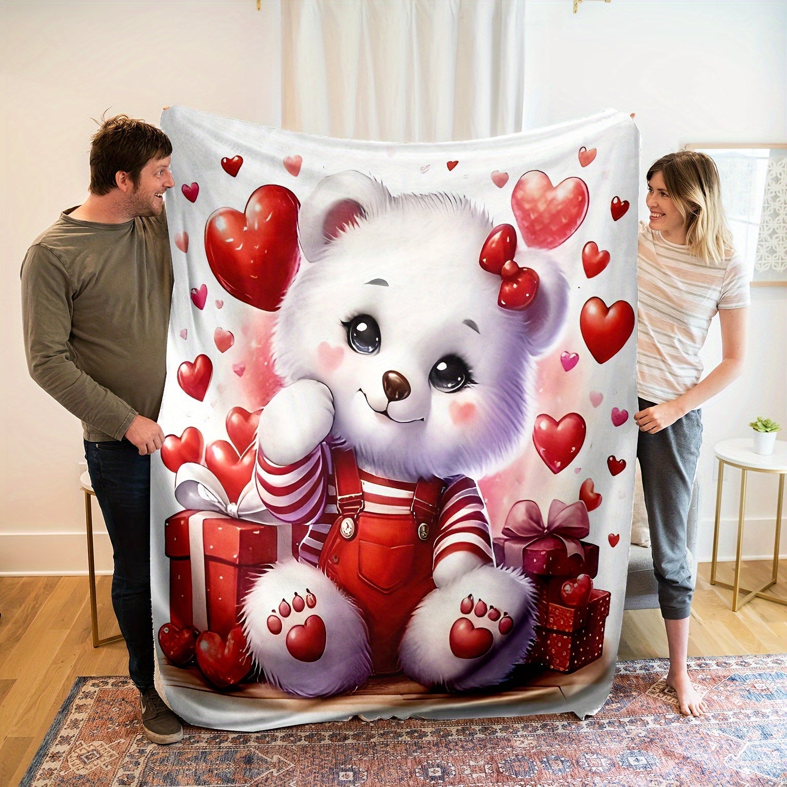 Plush Teddy Bear Throw Blanket with Hearts Digital Print Hypoallergenic All-Season Decorative Knit for Sofa Bed Outdoors