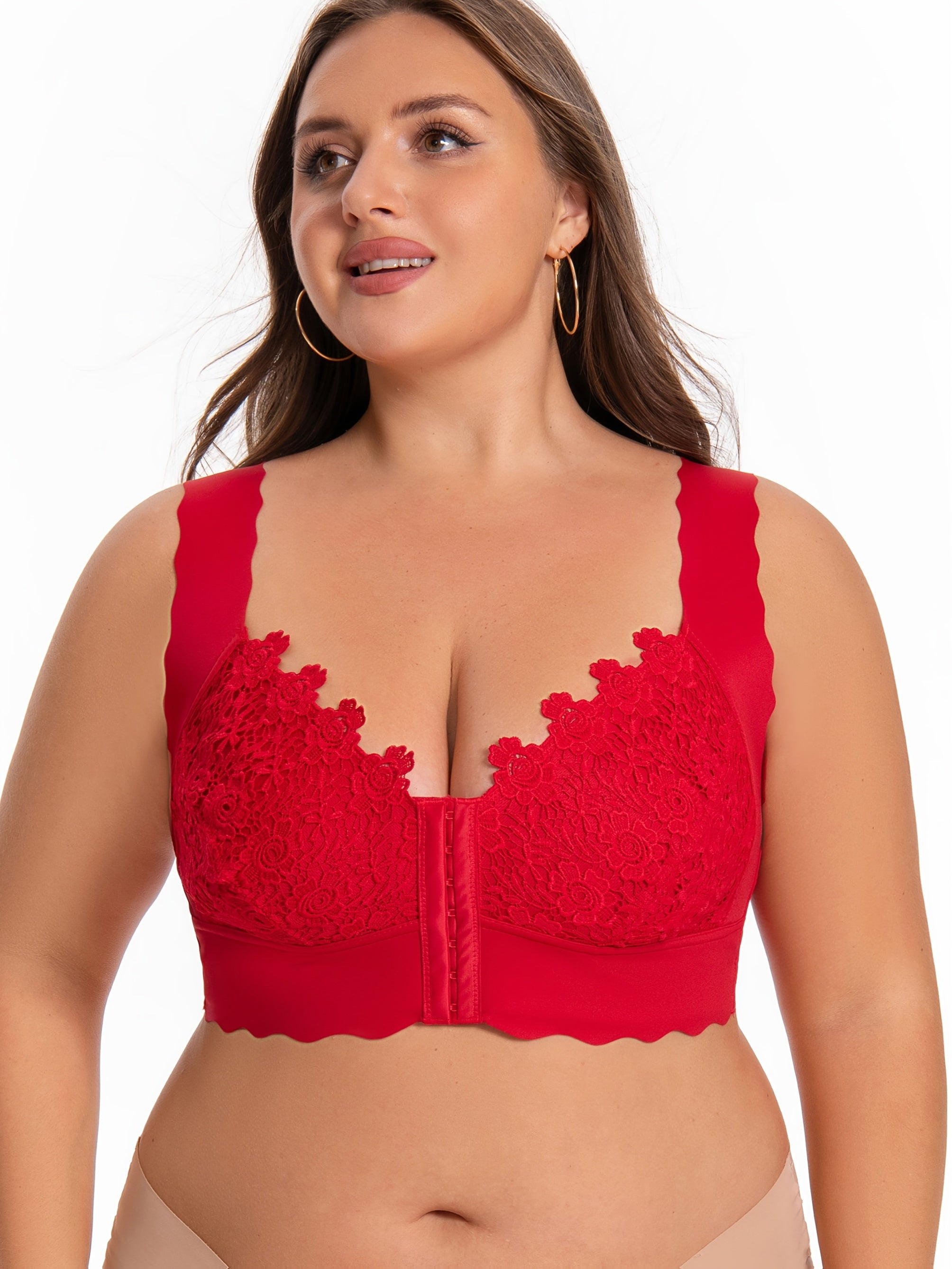 Plus Size Wireless Lace Bra for Women Solid Color High Stretch Knit Fabric