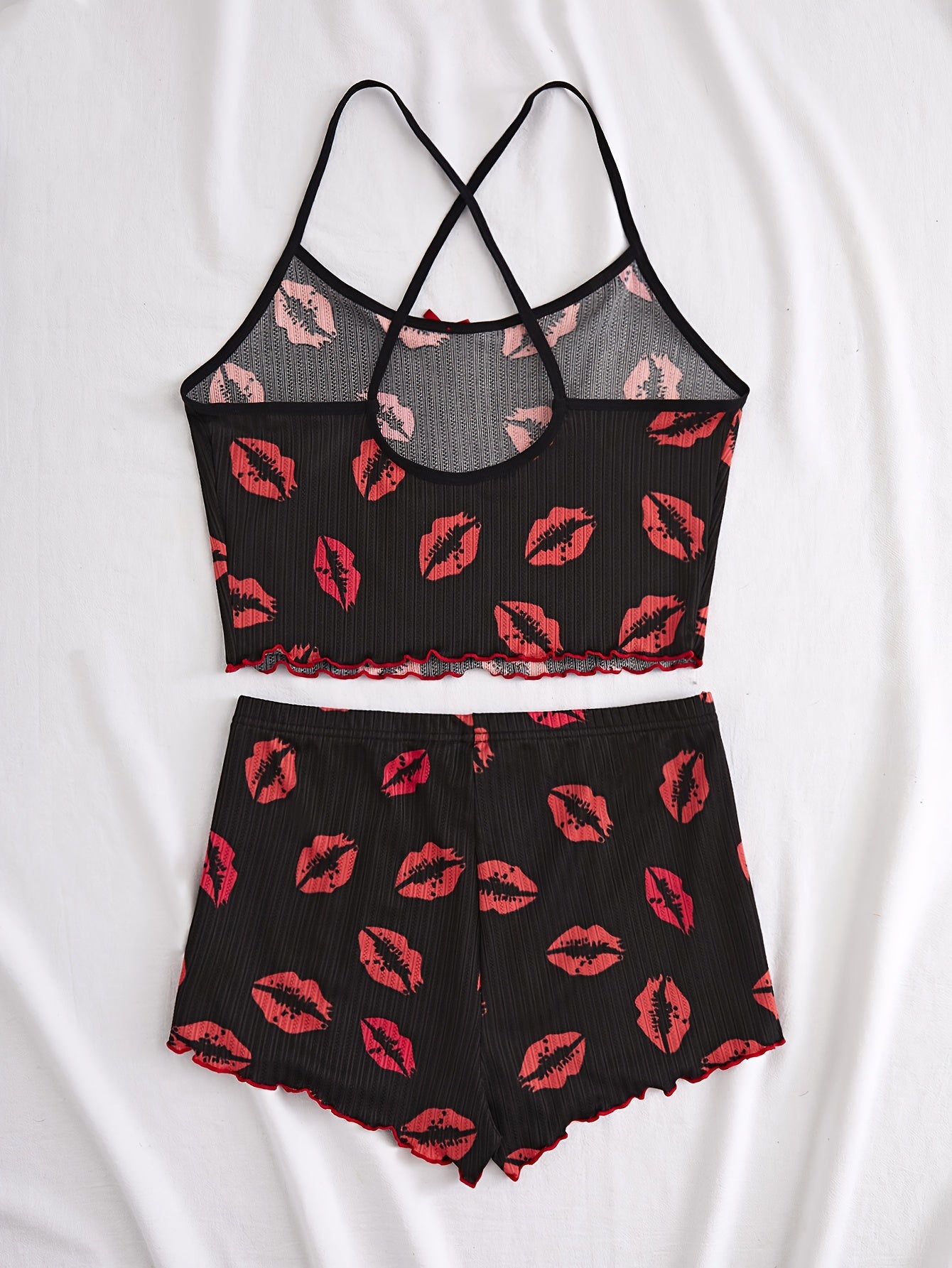 Ayollar uchun yurak izlari bilan pijama to'plami, qovurg'a bo'ylab, spaghetti tasma shortlar, qulay to'qilgan mato uyqu kiyimlari, 90% polyester, 10% elastan, barcha mavsumlar uchun dam olish kiyimlari