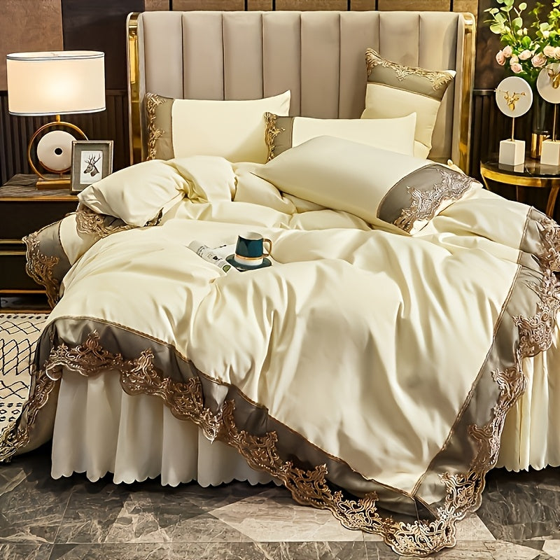 Luxury Polyester Duvet Cover Set with Golden Lace Accents, Solid Color, Zipper Closure