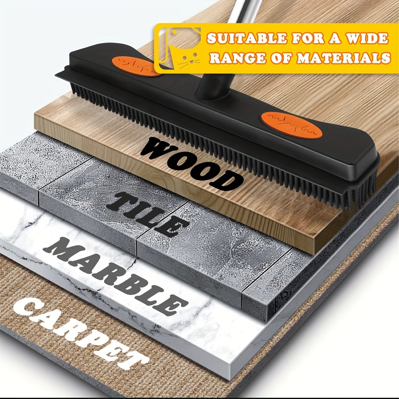 2-in-1 Pet Hair Remover Broom and Carpet Rake with Rubber Bristles