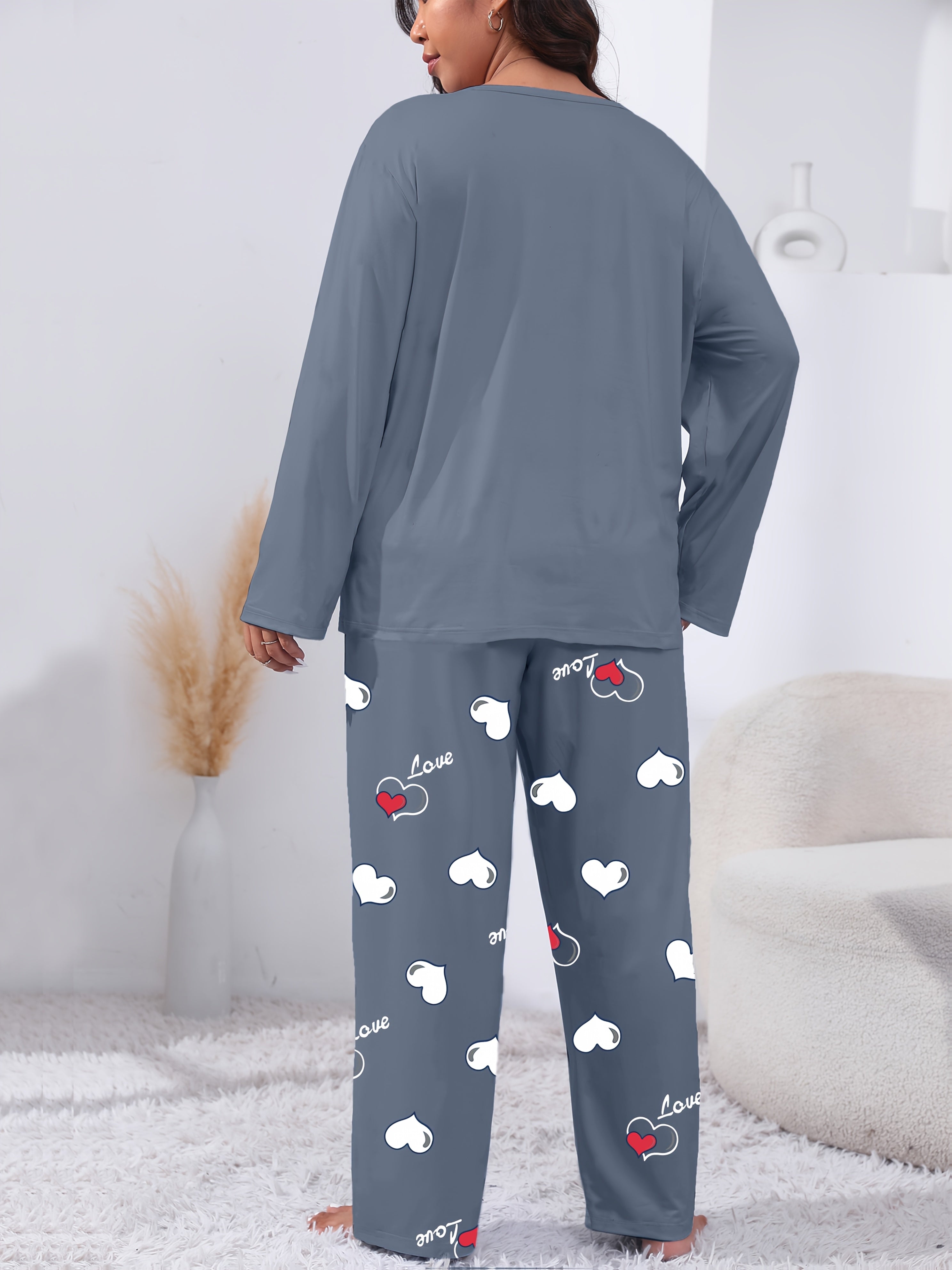 Women's Plus Size Love Heart Print Pajama Set Long Sleeve Sleepwear Soft Polyester Lounge