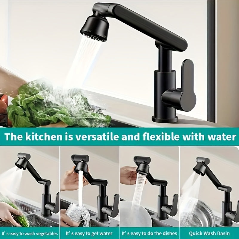 Black Bathroom Faucet with Hot and Cold Water, Four Spout Modes, Mechanical Arm