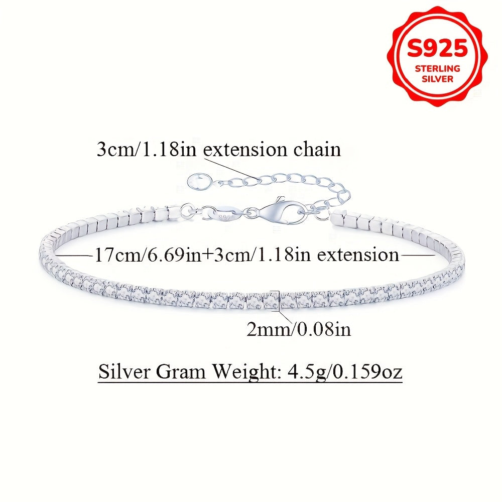 Sterling Silver Tennis Chain Bracelet with Cubic Zirconia Adjustable 2MM 3MM Hypoallergenic Jewelry for Women