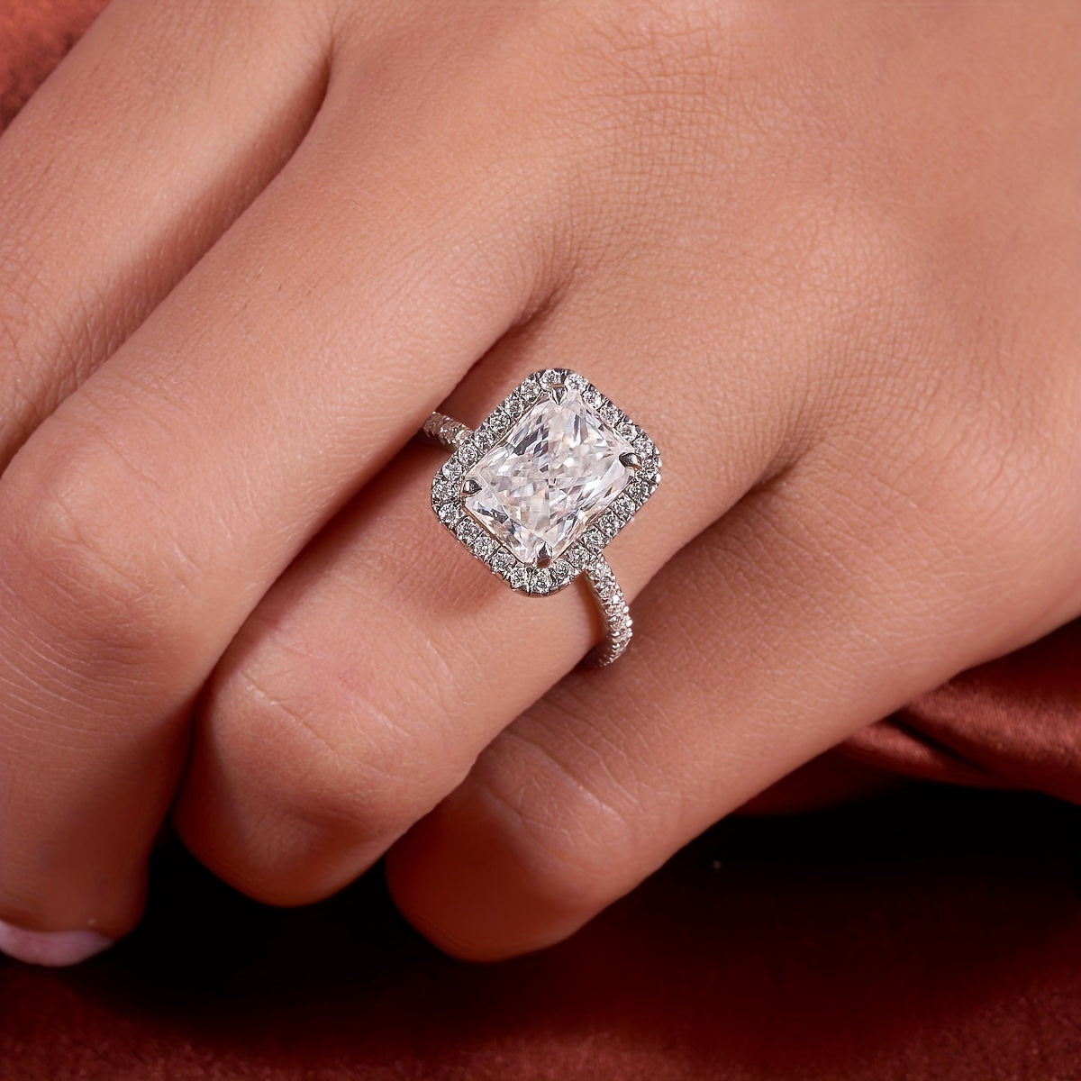 Sterling Silver Engagement Ring with Rectangular Halo and Cubic Zirconia