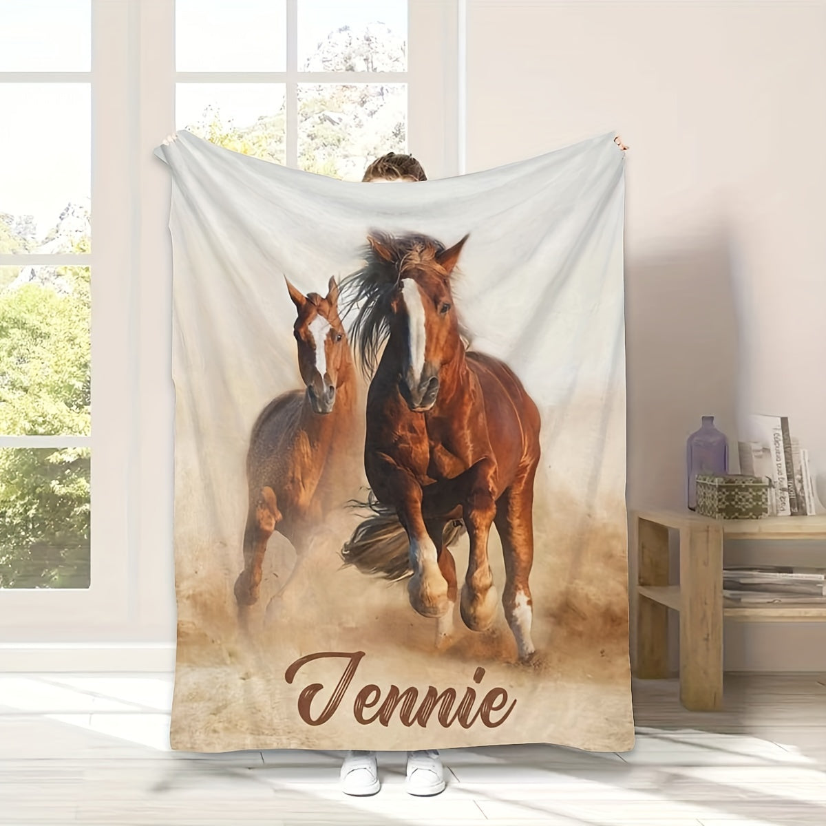 Personalized Horse Design Blanket with Custom Name for Sofa Bed Travel Office Hypoallergenic Knit Polyester