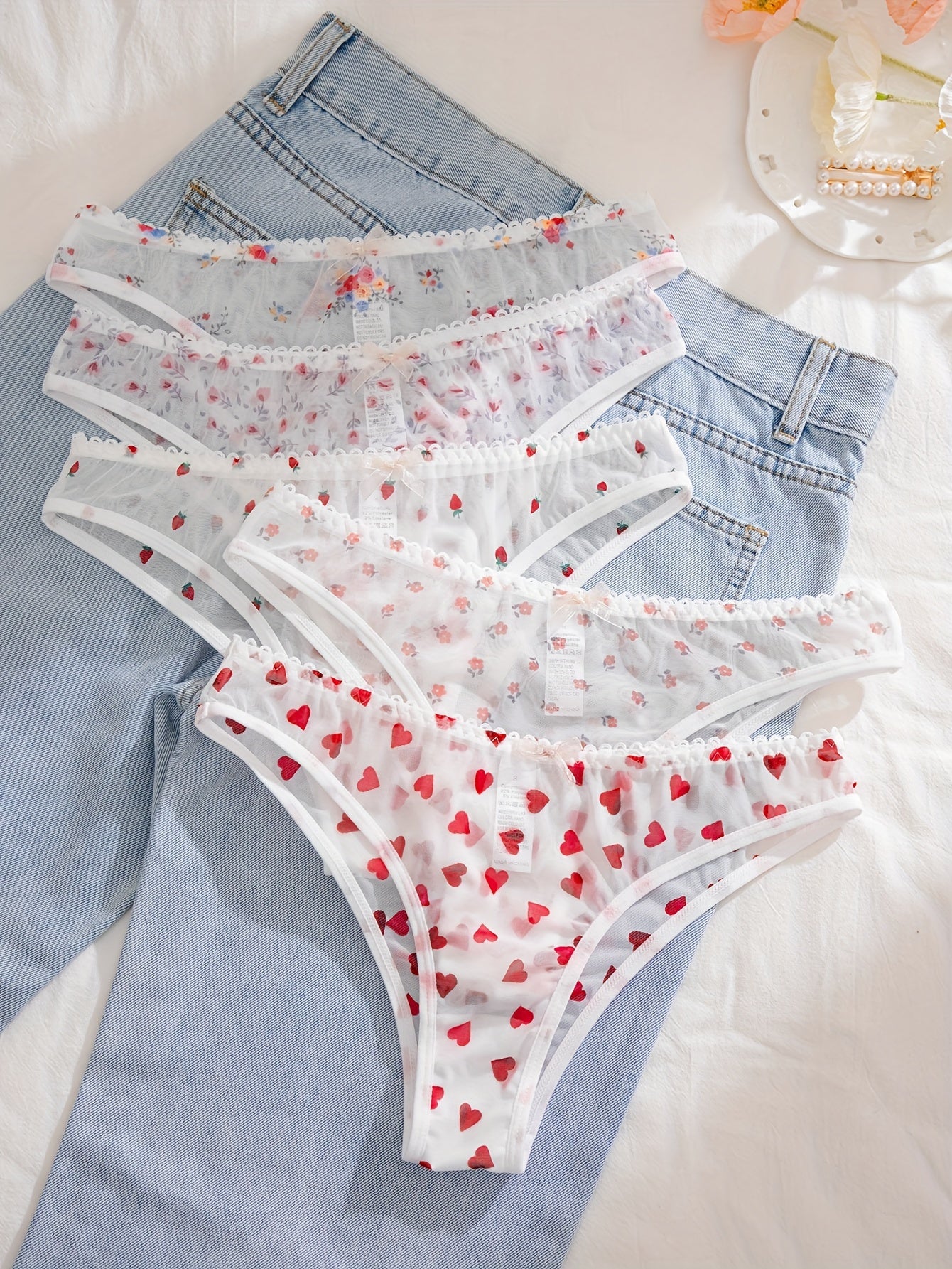 Women's Floral Print Panties 5 Pack Lace Trim Polyester Blend Elastic Waist