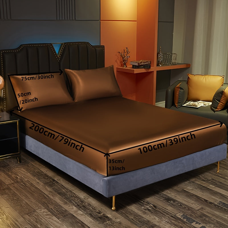 Satin Bedding Set 3 Pieces Fitted Sheet and Pillowcases Solid Color