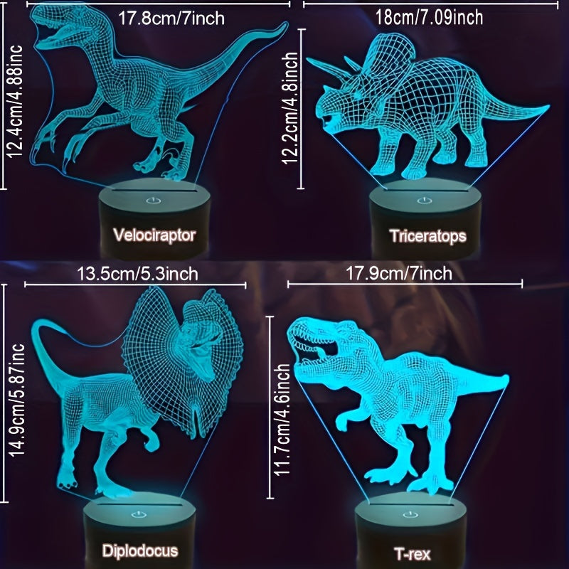 4pcs T-Rex Dinosaur 3D Night Light with 16 Colors Remote Control Dimmable Gift