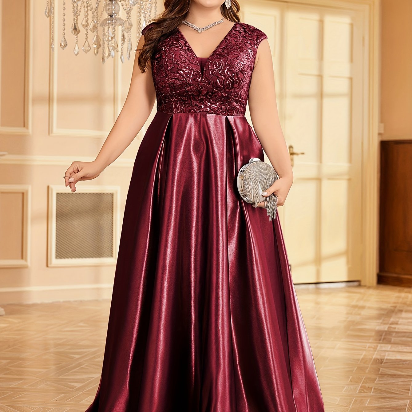 Women’s Sequin Bridesmaid Gown V-Neck Party Dress Plus Size