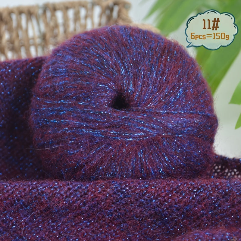 6-to'plam mohir paxta mohair ipi, tikish va makrame uchun, ko'p rangli gradient, 150G