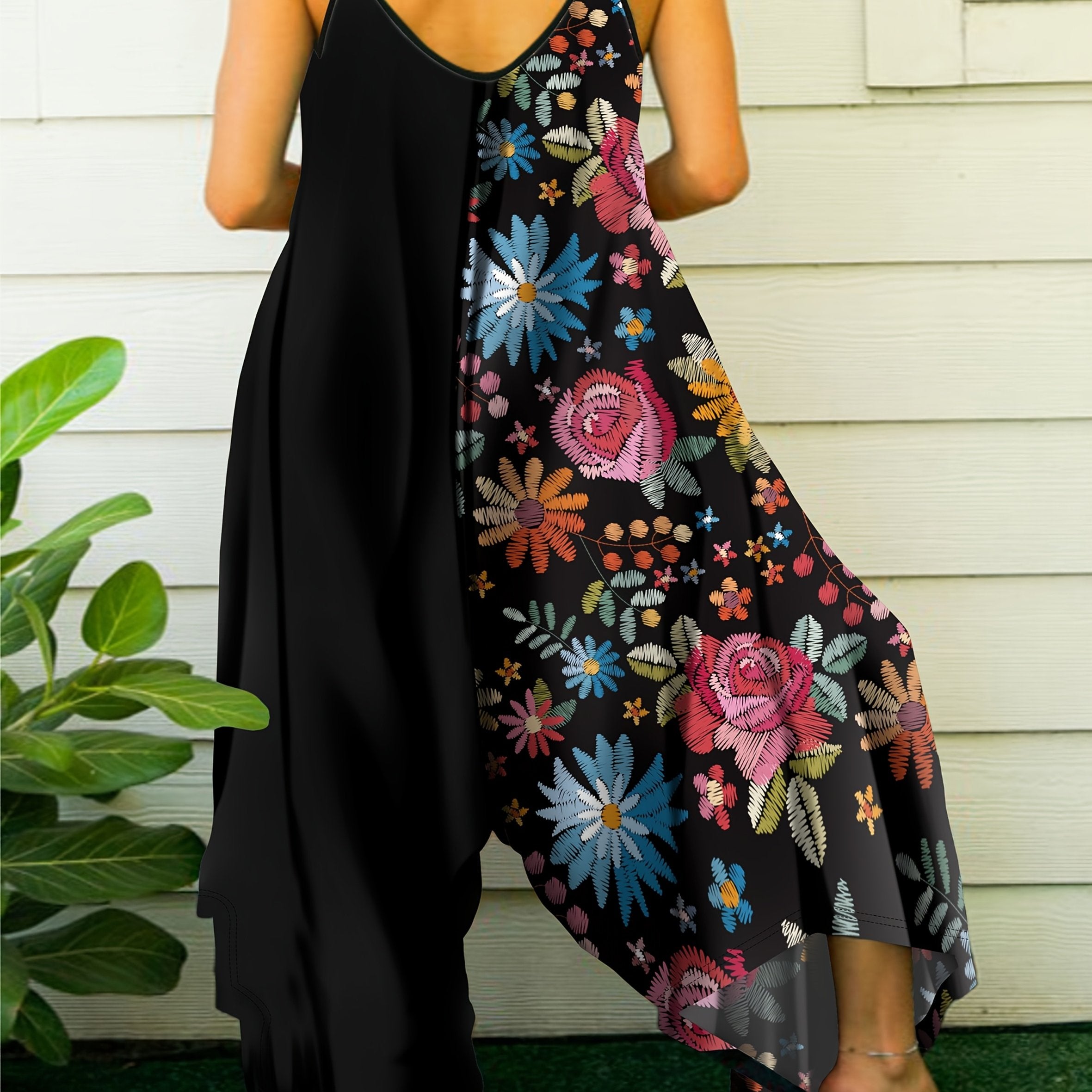 Plus Size Women's Floral Print Jumpsuit Polyester Spandex Slim Fit Summer Dress