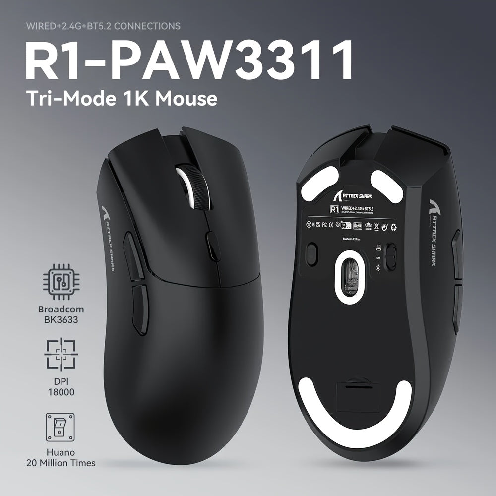 Wireless Gaming Mouse 18K DPI Optical Ambidextrous Ultralight 59g Tri-Mode Connectivity
