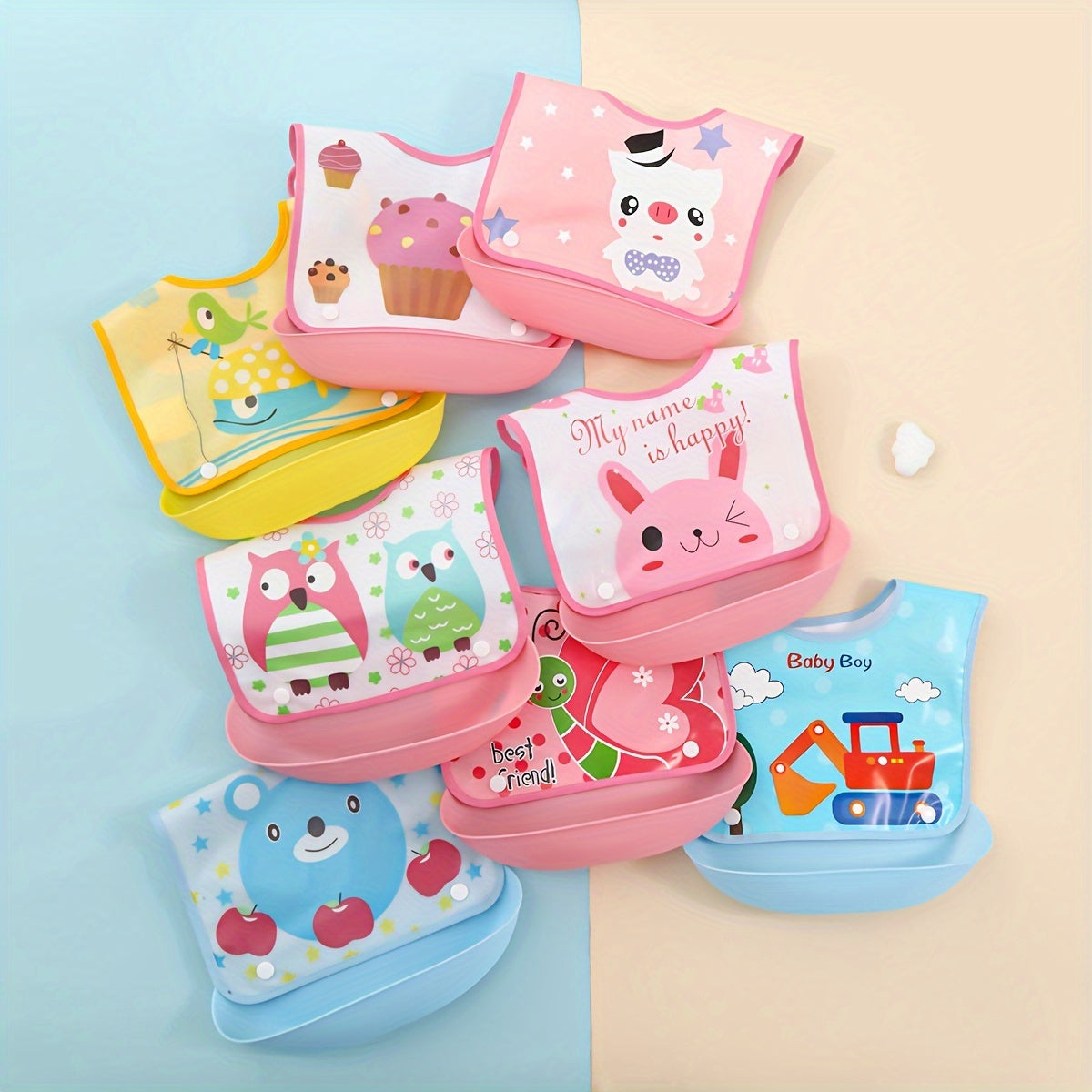 Kids Waterproof Cartoon Bib for Ages 0+ and 3+ in Mixed Colors with Easy Clean Detachable Design
