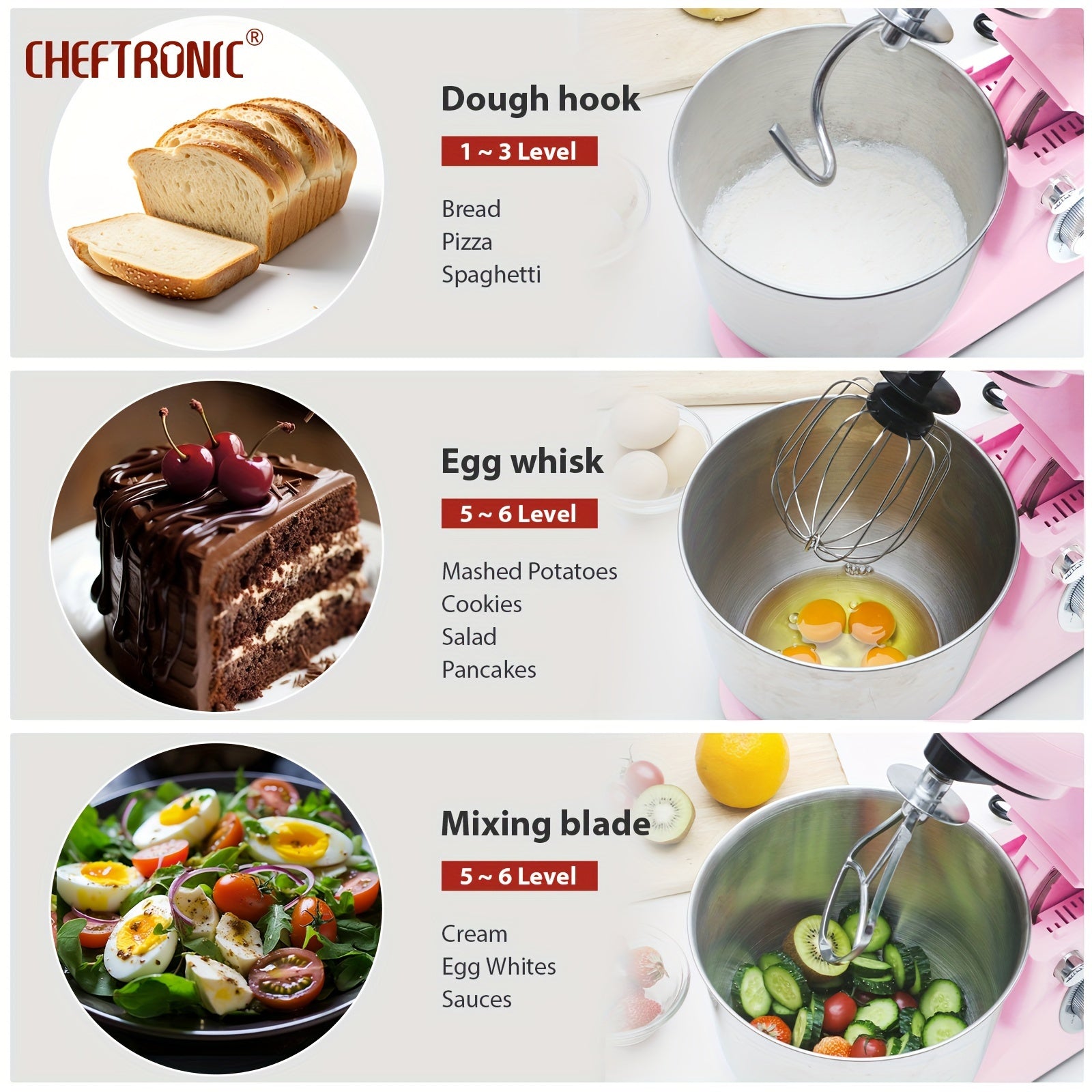 Миксер для кухни с наклонной головкой, объем 5.5QT, мощностью 1300 Вт, с крюком для теста, венчиком для яиц и взбивалкой