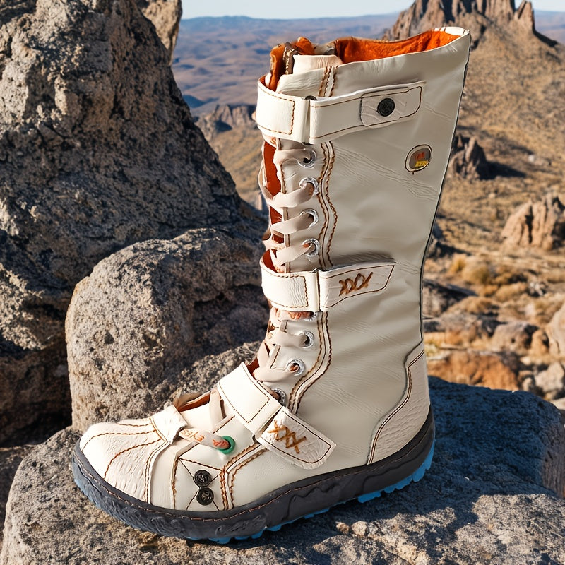 Women's Ankle Boots Winter Vintage Multi-Patch Leather Fleece Lined