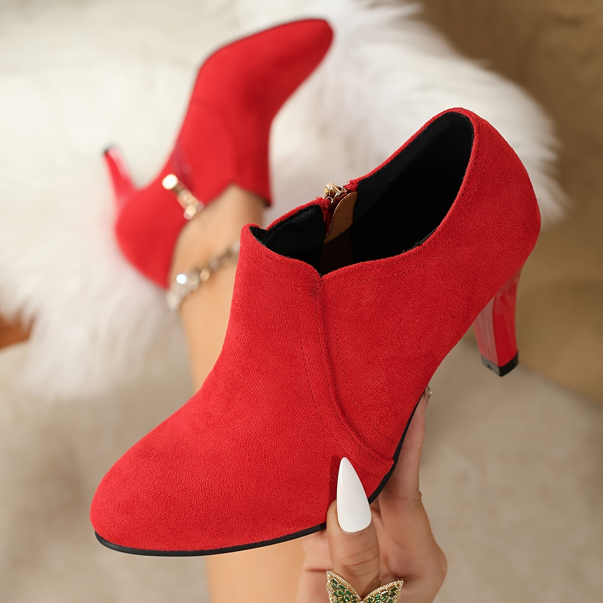 Women's Solid Color High Heel Ankle Boots With Side Zipper