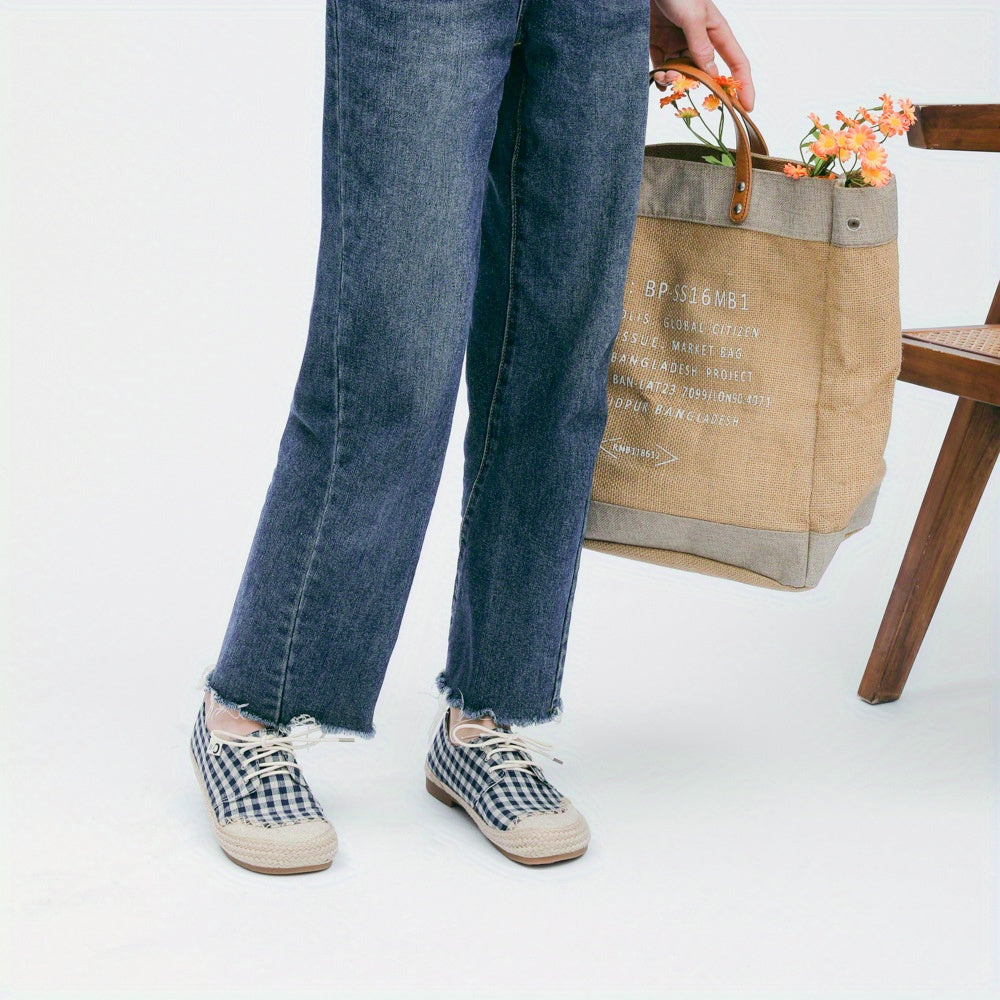 Women's Handmade Linen Style Flats Casual Checkered Lace-Up Shoes