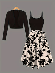 Women's Two-Piece Dress Suit Floral Knit Cardigan and Suspender Dress All Seasons