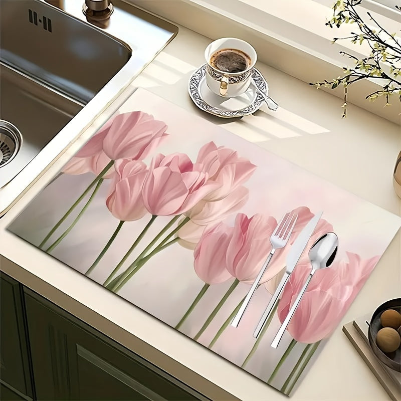 Floral Printed Dish Drying Pad Absorbent Mat for Kitchen Countertop and Bathroom