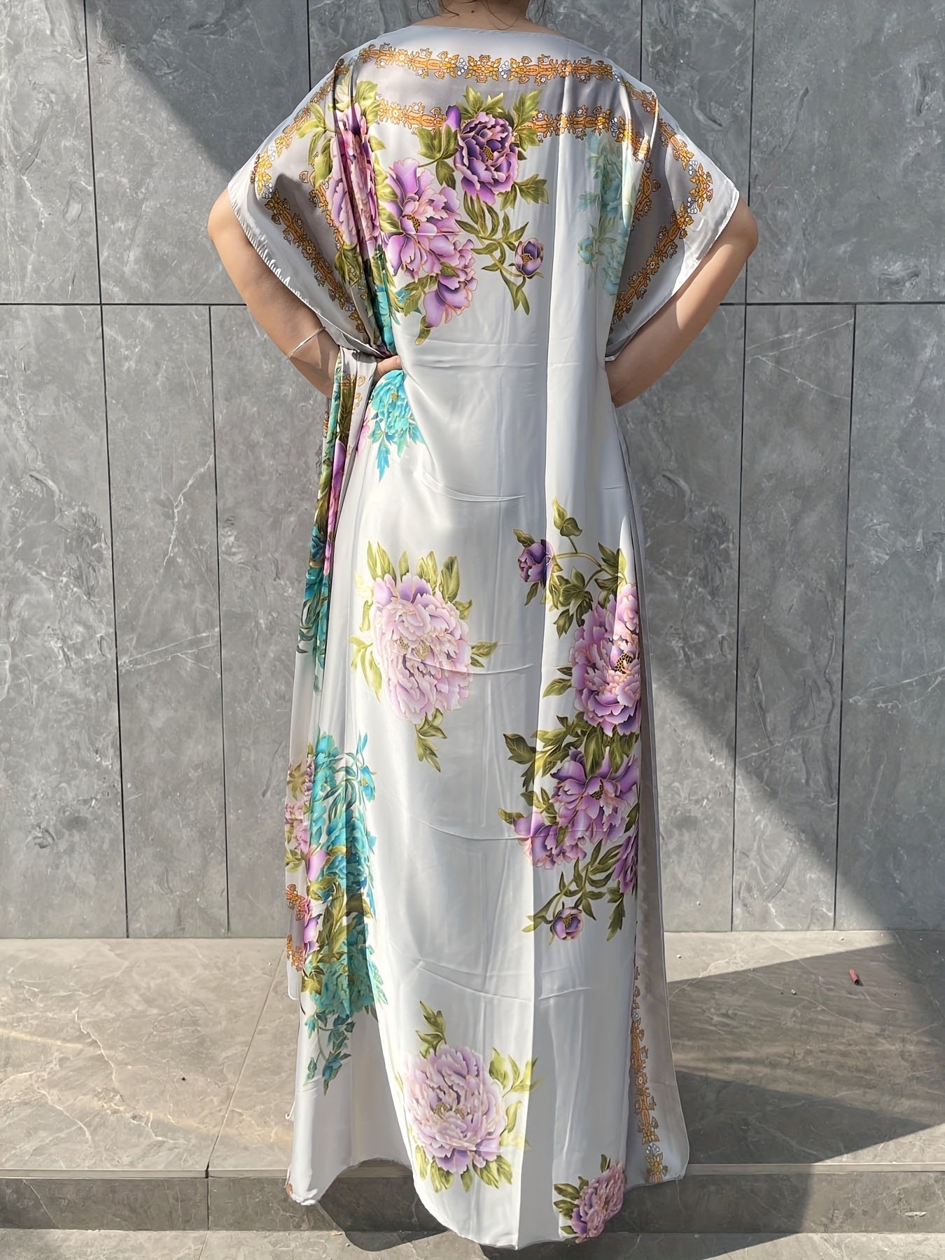 Plus Size Turkish Kafatan Robe with Scarf Floral Geometric Polyester