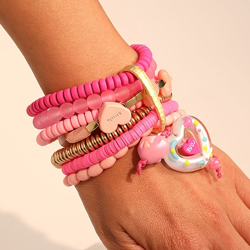 Pink Resin Bead Heart KISS Pendant Bracelet for Women Valentine's Day Jewelry