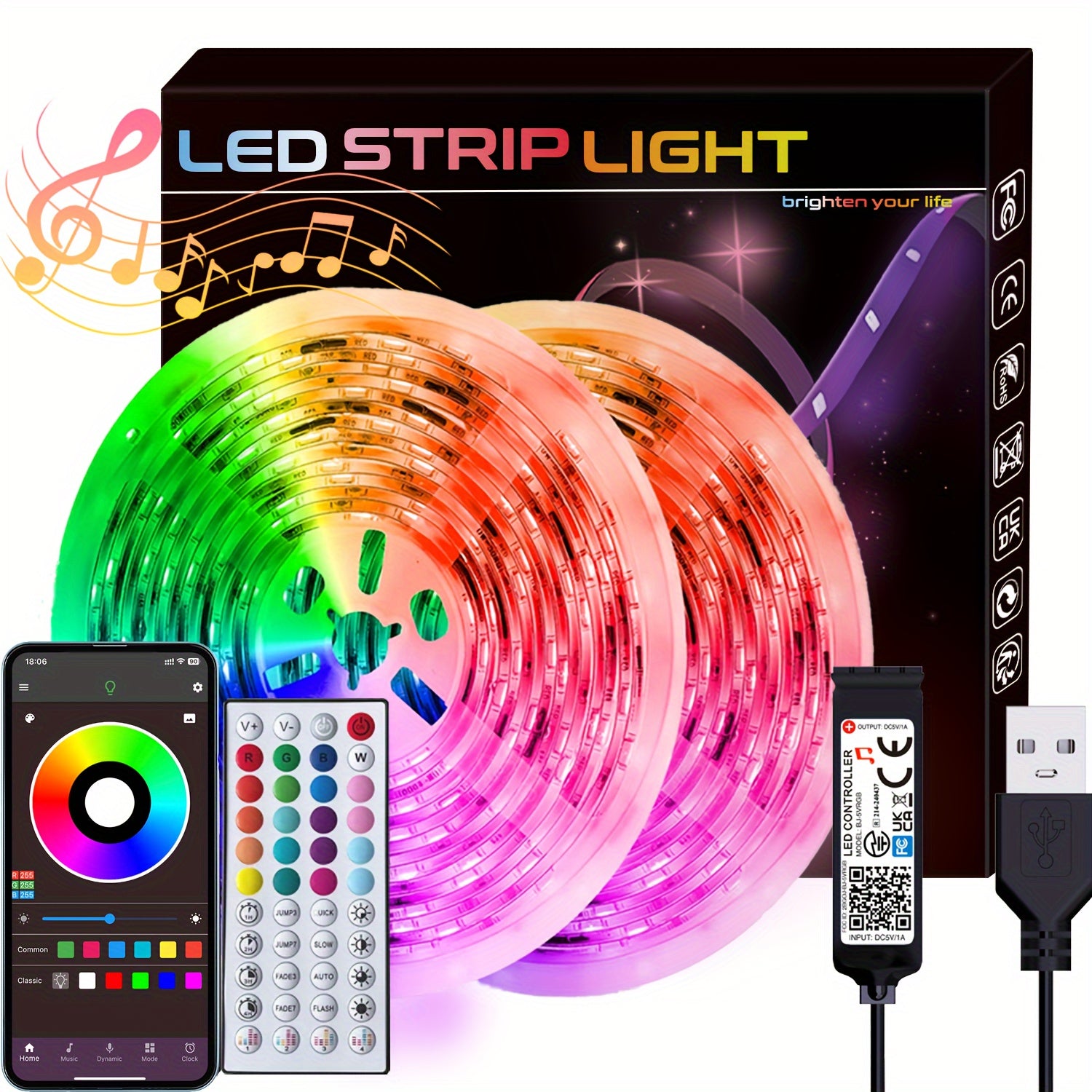 LED Strip Lights 4.88-30.48m with Remote App Control Dimmable Color Changing Music Sync