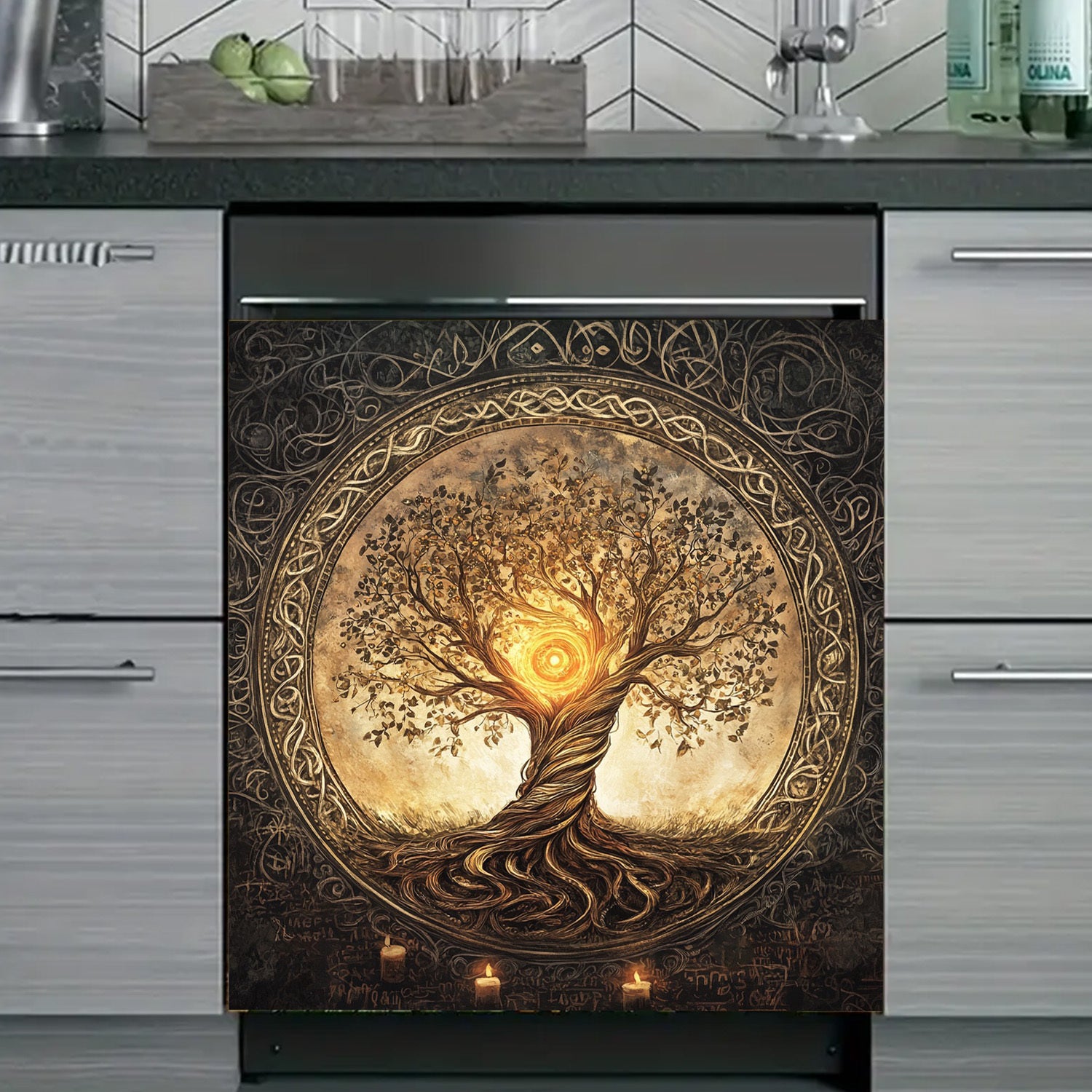 Magnitli idish-tovoq yopishqoq stiker, suv o'tkazmaydigan, issiqlikka chidamli, metall paneli, daraxt dizayni