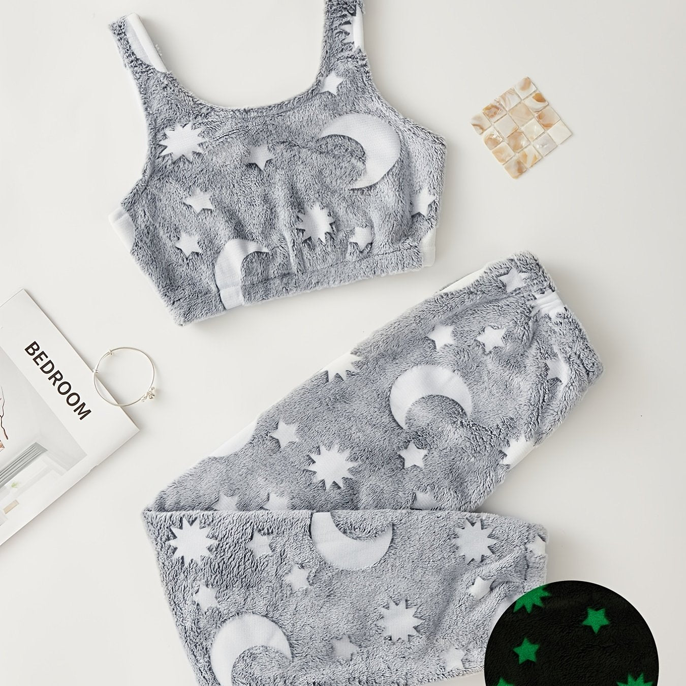 Adult Galaxy Star Print Luminous Flannel Pajama Set with Pants