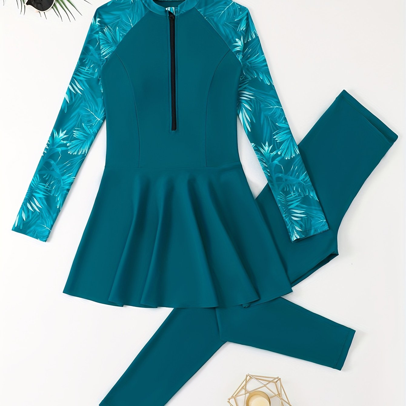 Women's Long Sleeve Printed High Waist Swimsuit Set Sun-Protective Slimming Swimwear