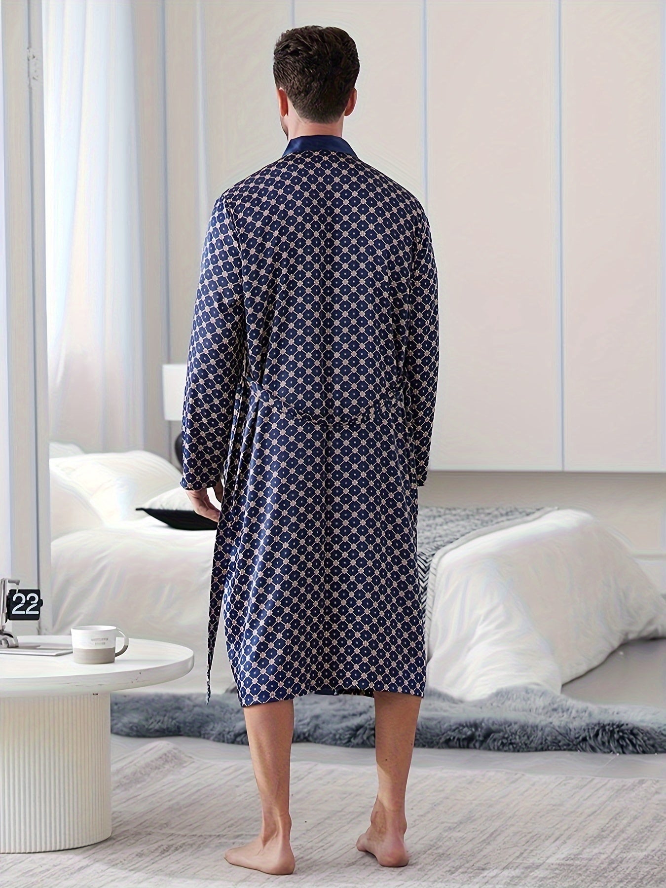 Men's Casual Pajama Set with V-Neck Robe Belt Random Print Polyester Non-Stretch