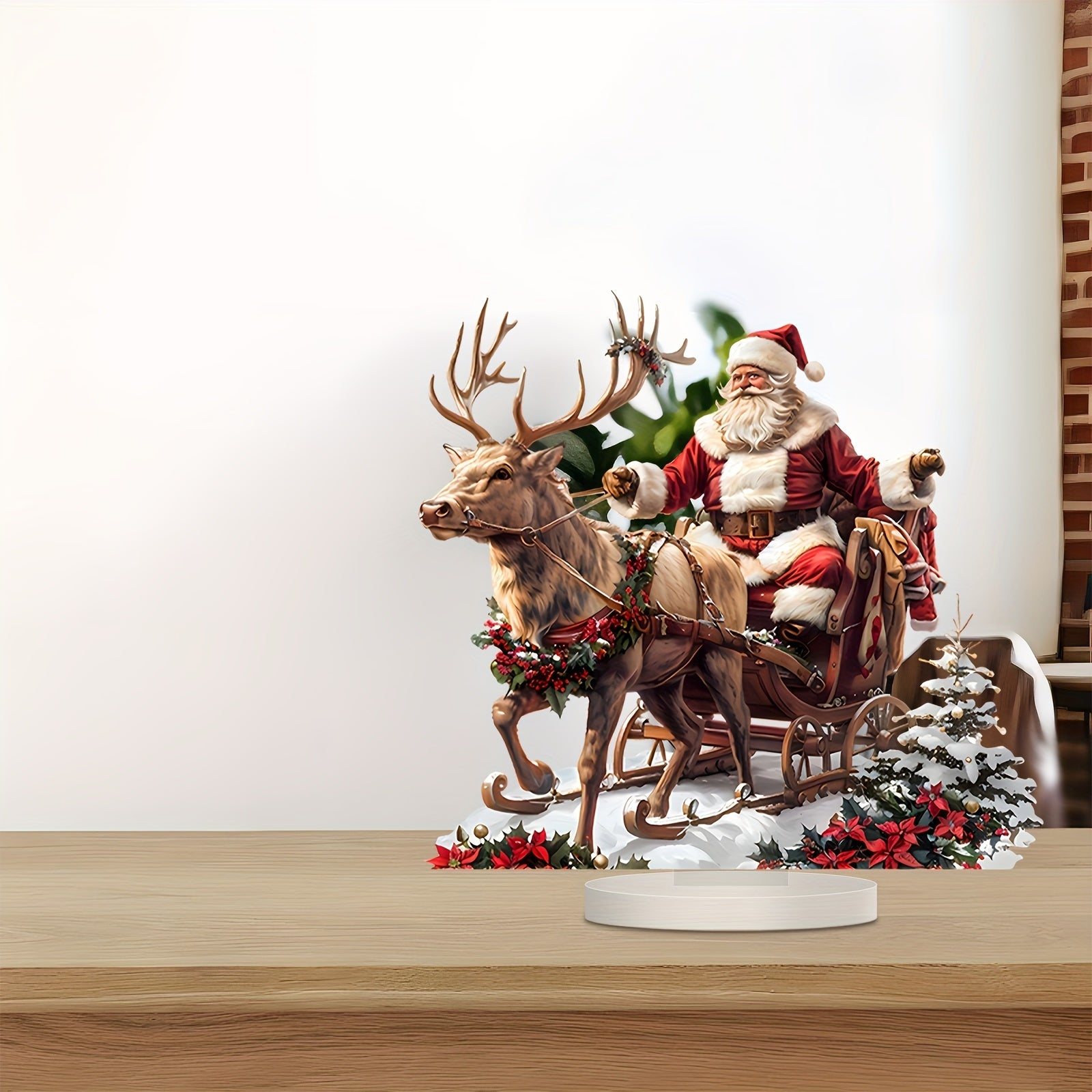 Acrylic Santa with Reindeer Sleigh Holiday Decor Sign for Home and Office 1 Pack