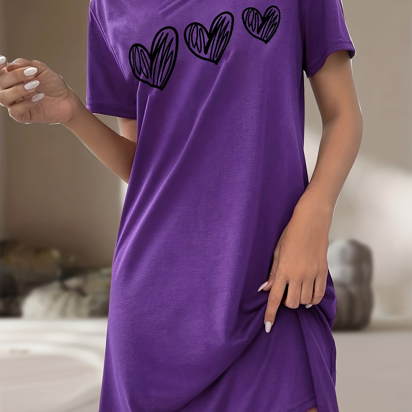 Women's Heart Pattern Sleep Dress Soft Stretchy Short Sleeve Nightgown