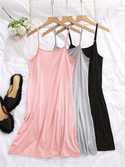 Set of 3 Solid Nightdresses for Women with Crew Neck and Spaghetti Straps