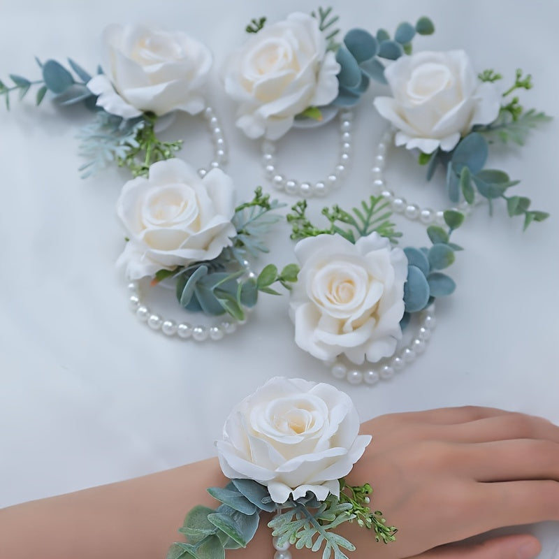 Romantic Wrist Corsage with Roses and Faux Pearls for Weddings and Parties
