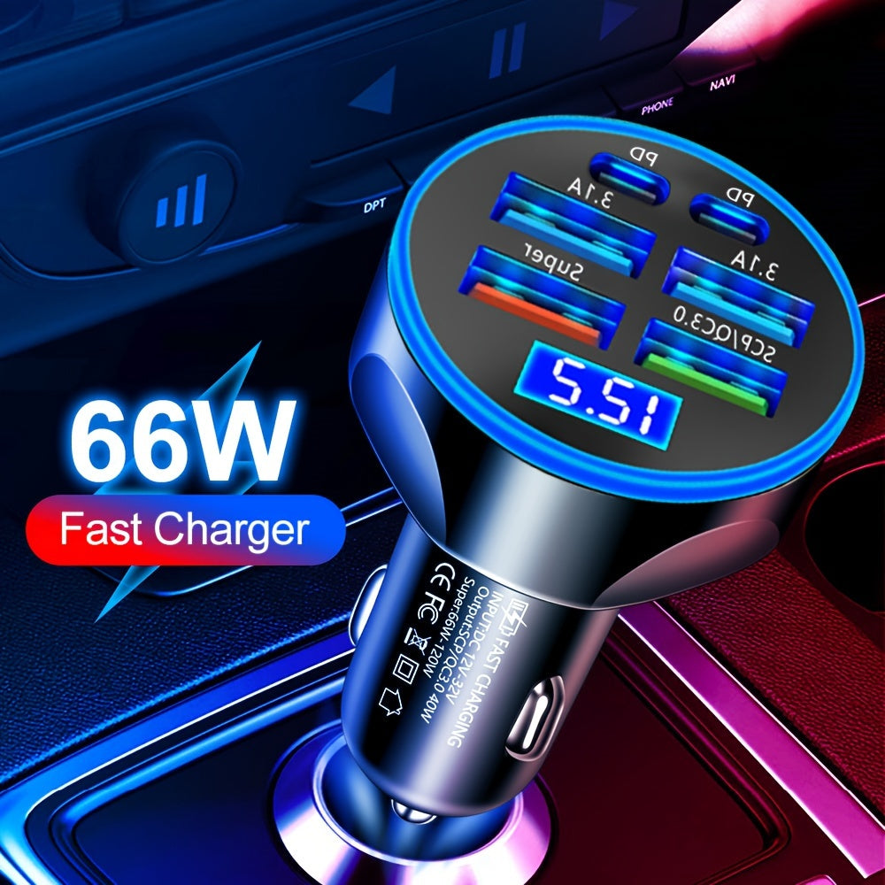 66W Car Charger with Voltage Display 6-Port Fast Charging USB PD for 12-24V Vehicles
