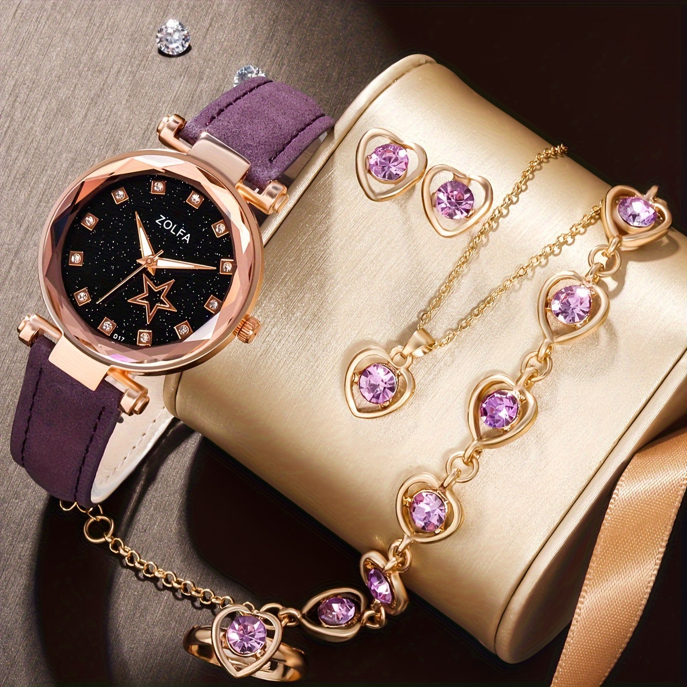 Ayollar modasi soati va zargarlik buyumlari to'plami, 6 dona, yurak rhinestone, yulduzli pentagram, sun'iy charm, sovg'a