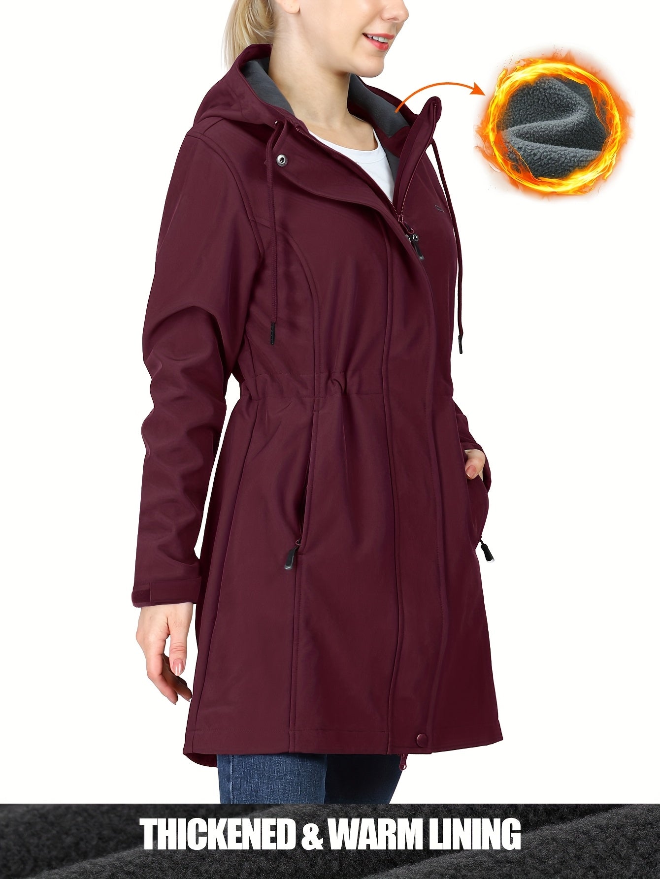 Women's Softshell Long Jacket with Hood Fleece Lined Windproof Warm Outdoor Windbreaker 33cm