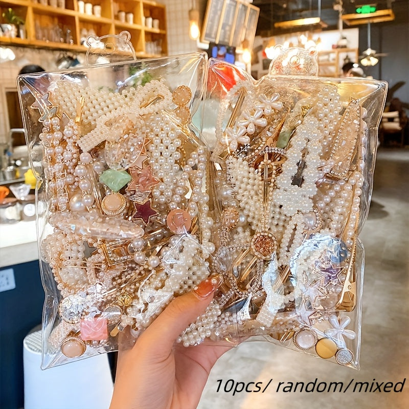 Set of 10 Sweet Style Pearl Hair Clips with Bow Ties and Solid Color Duckbill Grips for Women