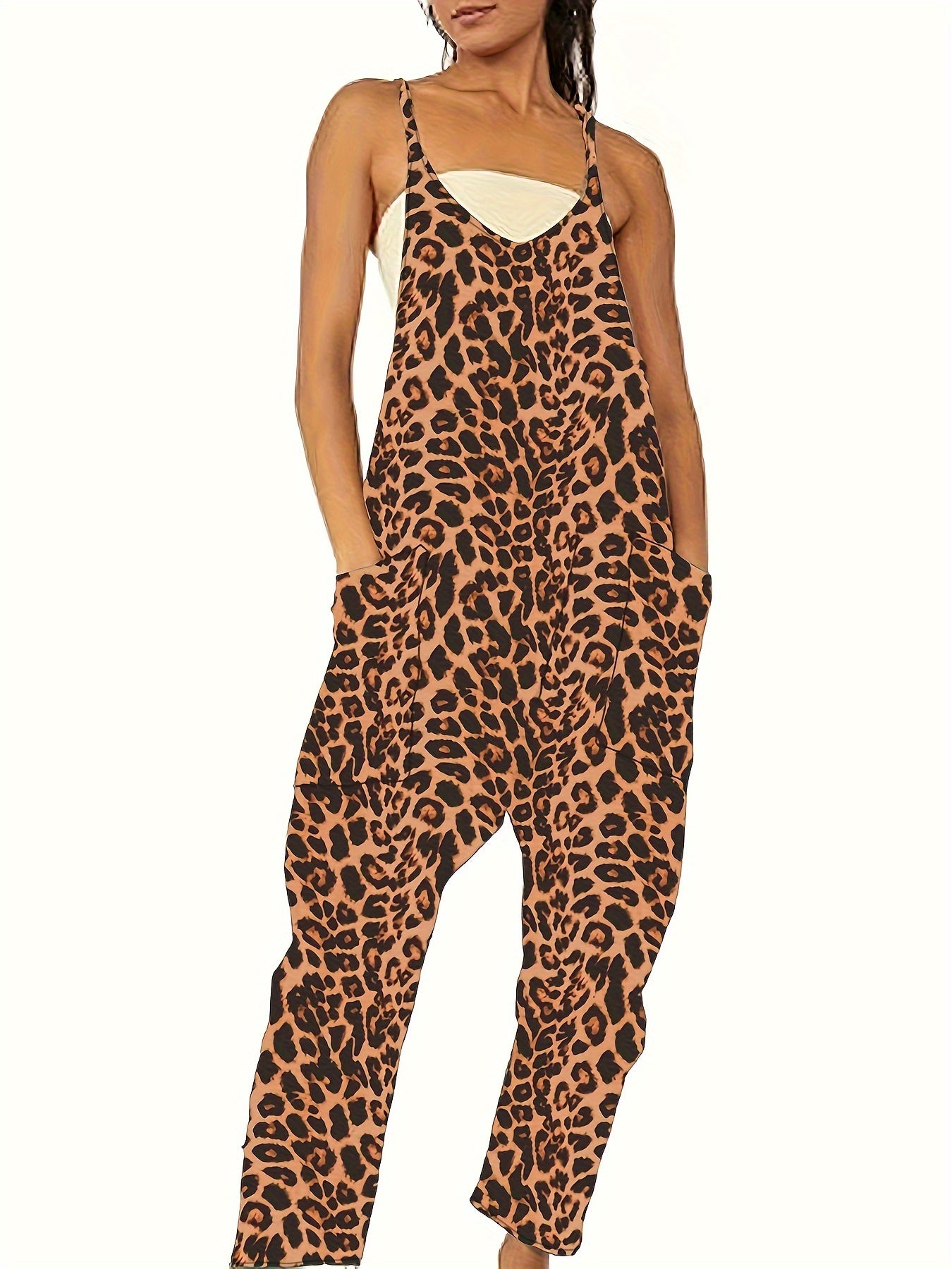 Women Plus Size Summer Casual Sleeveless Jumpsuit Leopard Print