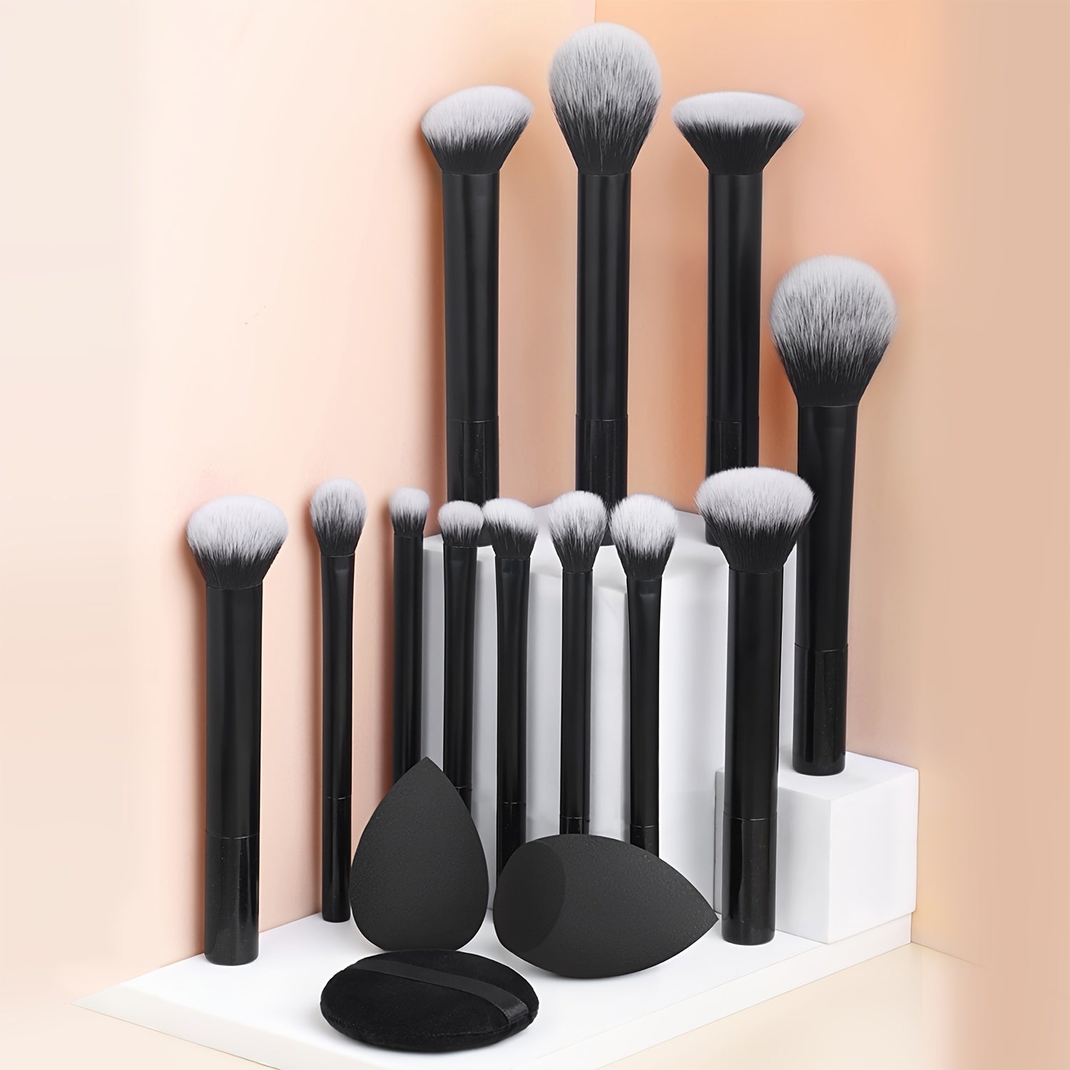12-Piece Professional Makeup Brush Set with Nylon Bristles, Palm Brushes, Sponges and Powder Puff