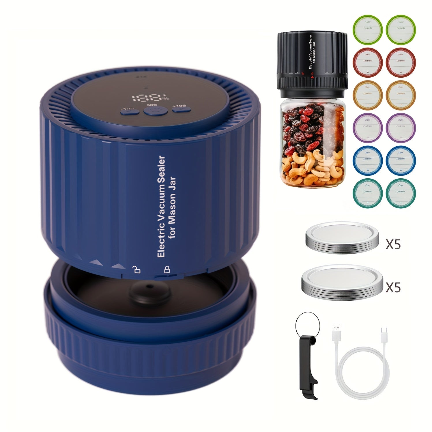 2025 yilda eng so'nggi elektrli Mason bankasi vakuum yopishtiruvchi to'plami kuchli yopishtirish va sirpanmaydigan dizaynga ega. 10 ta qo'shimcha qopqoq va 12 ta yorliq bilan, qulay vakuum uchun bitta bosish bilan ishlash imkoniyatiga ega.