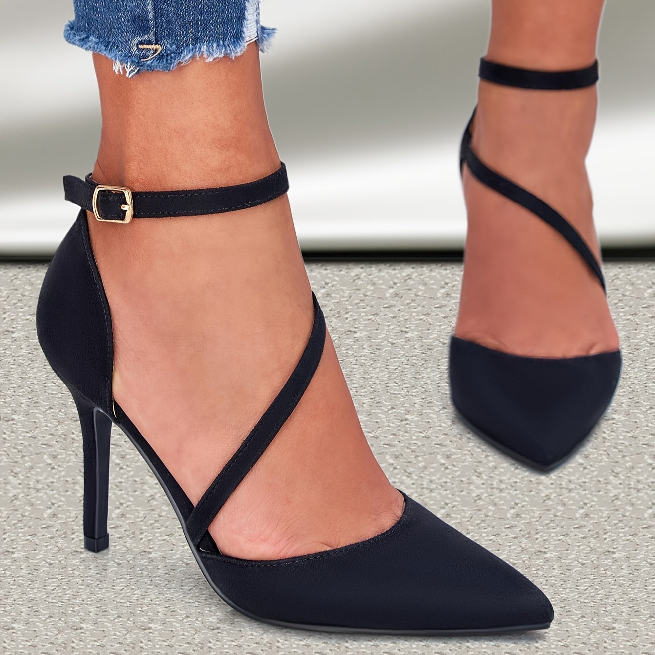 Women’s Pointed Toe Slingback Stiletto Heels with Ankle Strap, White Bow