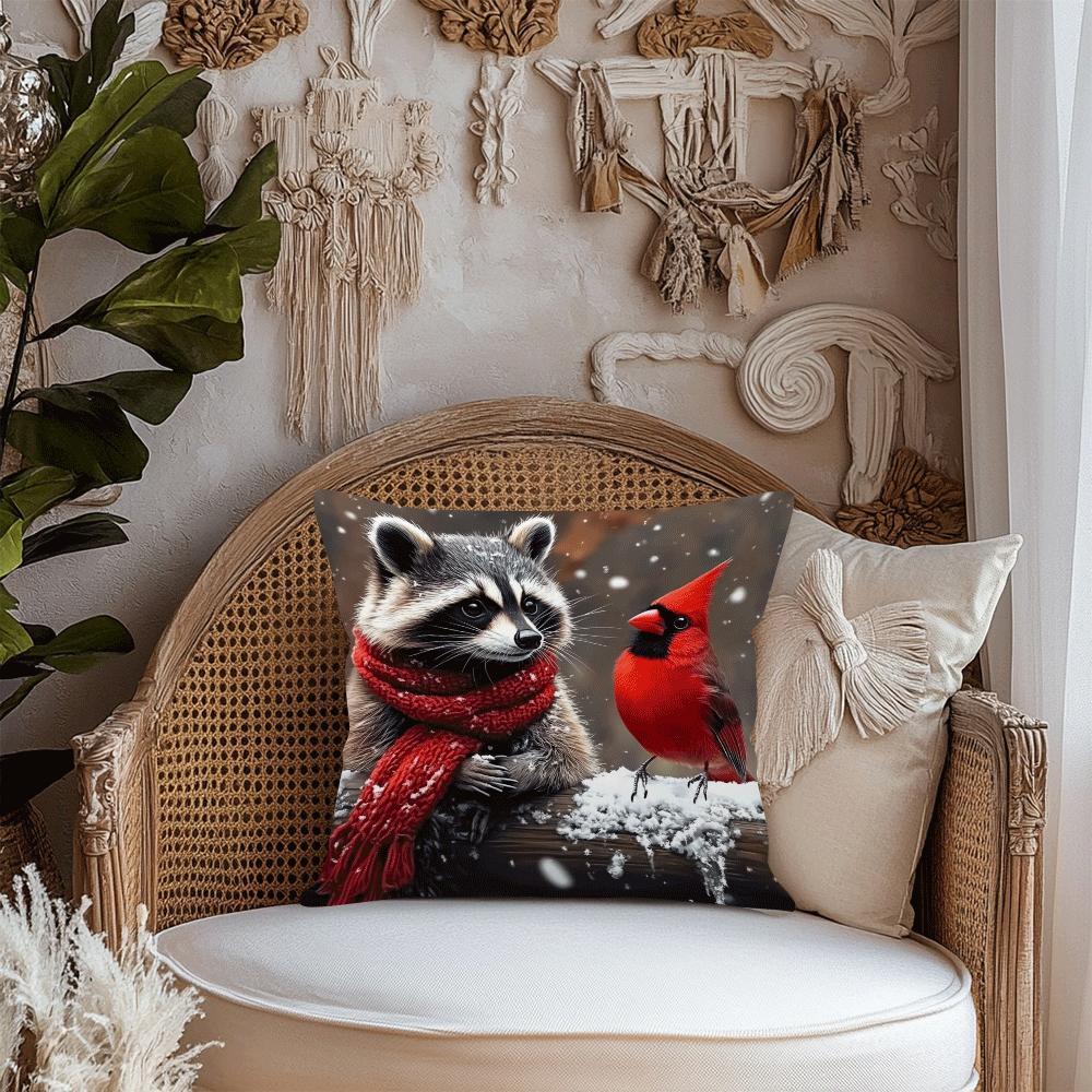 Decorative Raccoon and Cardinal Throw Pillow Cover Polyester Cartoon Style Machine Washable