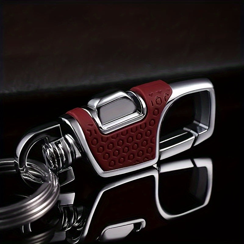 Men Metal Car Keychain with One-Touch Opening and Leather Key Ring