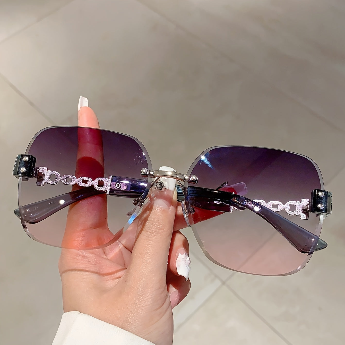 Gafas de moda sin montura con degradado ombré para mujer, ideales para vacaciones en la playa o fiestas