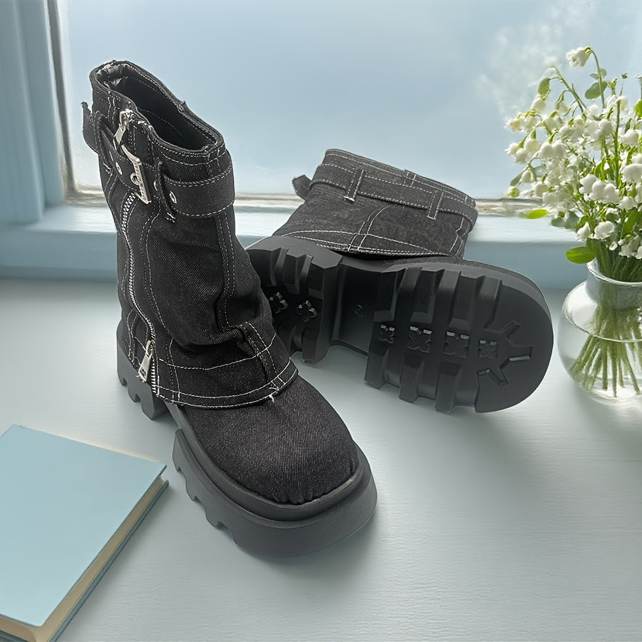 Women's Denim Mid-Calf Boots with Chunky Heel Rubber Sole Winter Comfort